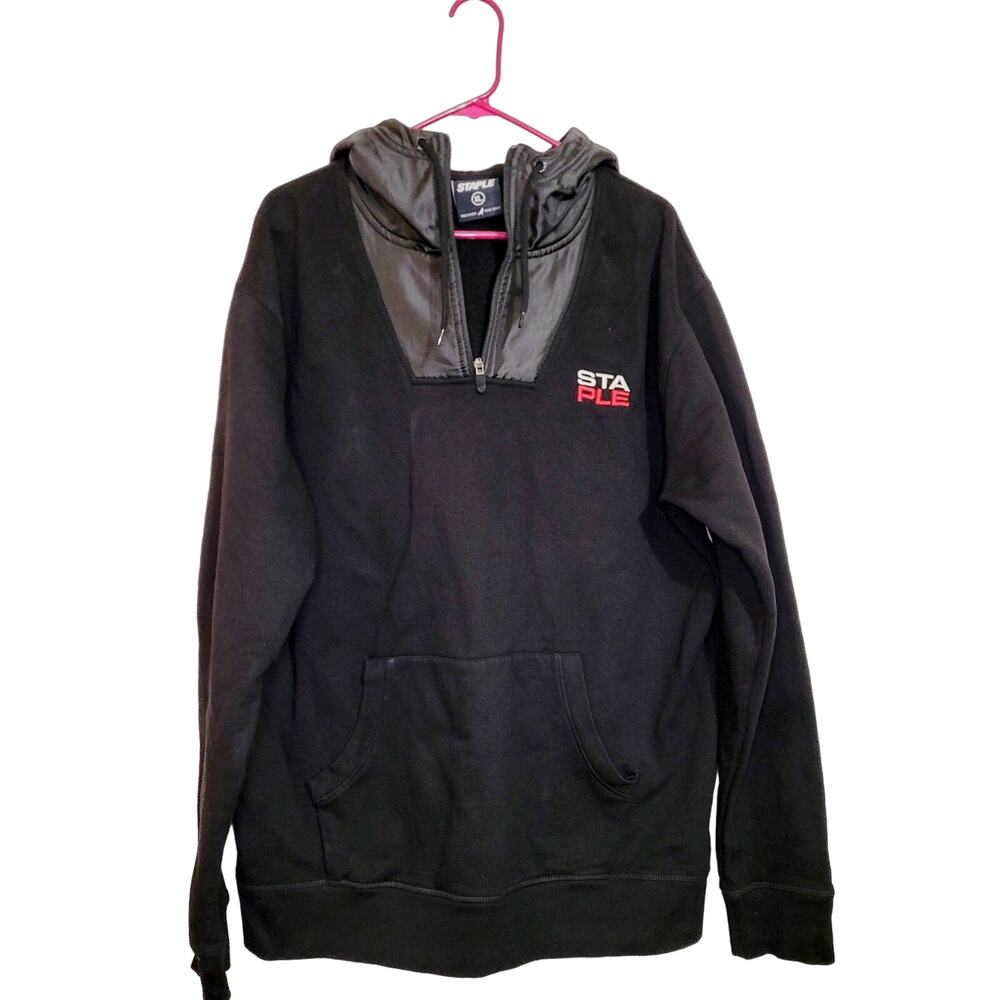 Staple mens black graphic satin hood quarter zip long sleeve hoodie XL